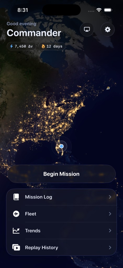 Orbital Focus home screen with the Earth, Begin Mission, Fleet, Trends, and Replay History